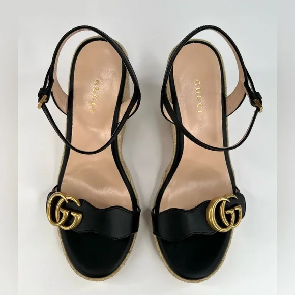Gucci Galassia Aitana Lifford Black Leather Wedge Double G Logo Sandals EU 35 - Picture 7 of 14